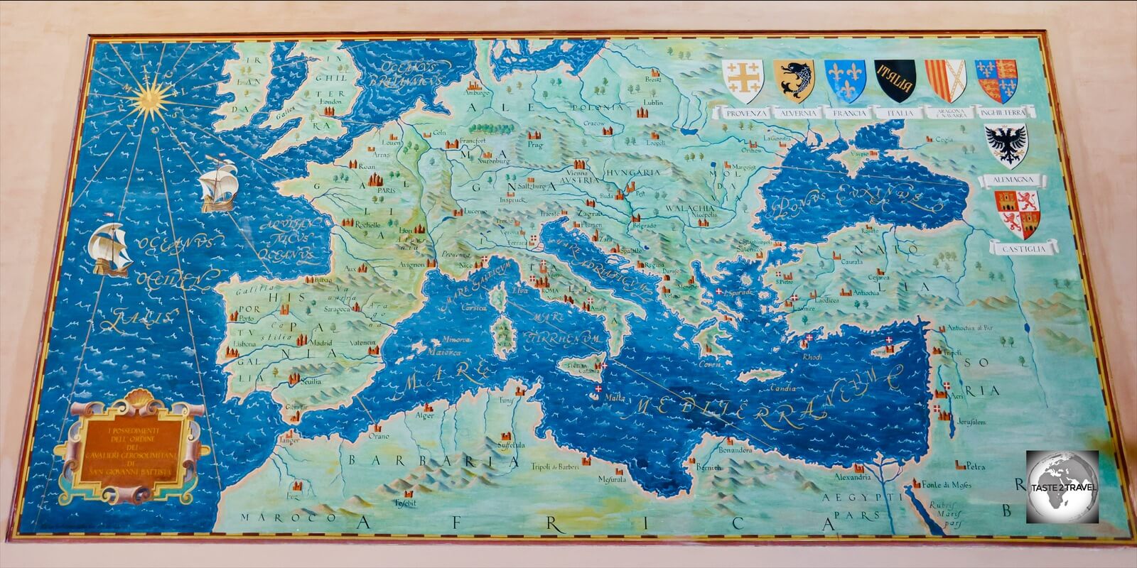 A geographical map at the Casa dei Cavalieri di Rodi shows the ancient possessions of the Order of Malta.