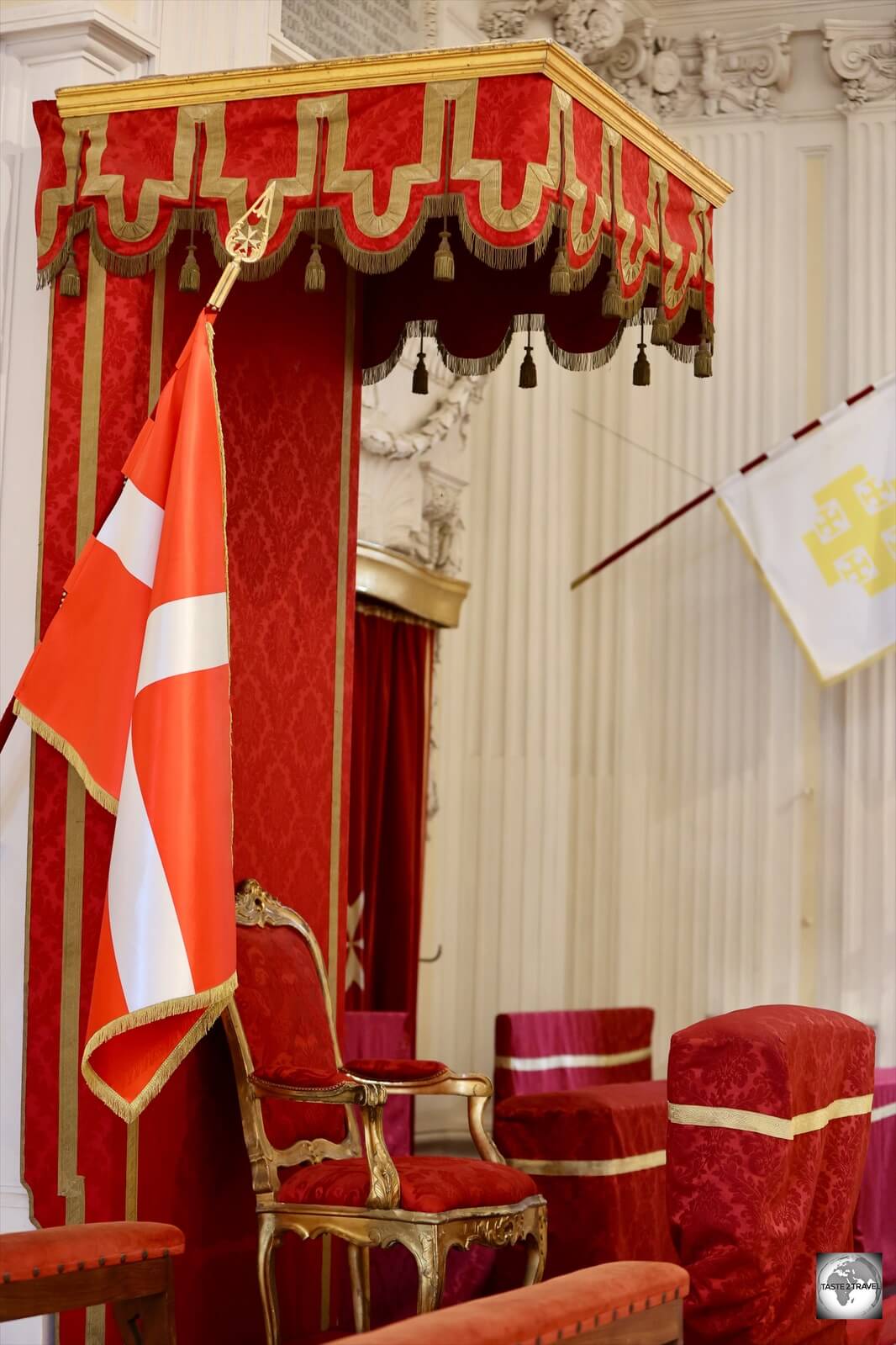 The magistral throne of the Grand Master of the Sovereign Military Order of Malta inside Santa Maria del Priorato church.