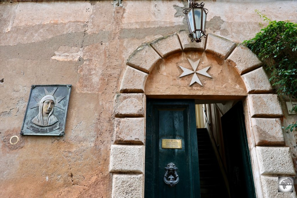 Detail of an entrance at the Villa Magistral, featuring the Virgin Mary, who is venerated by the Order of Malta as its patroness.