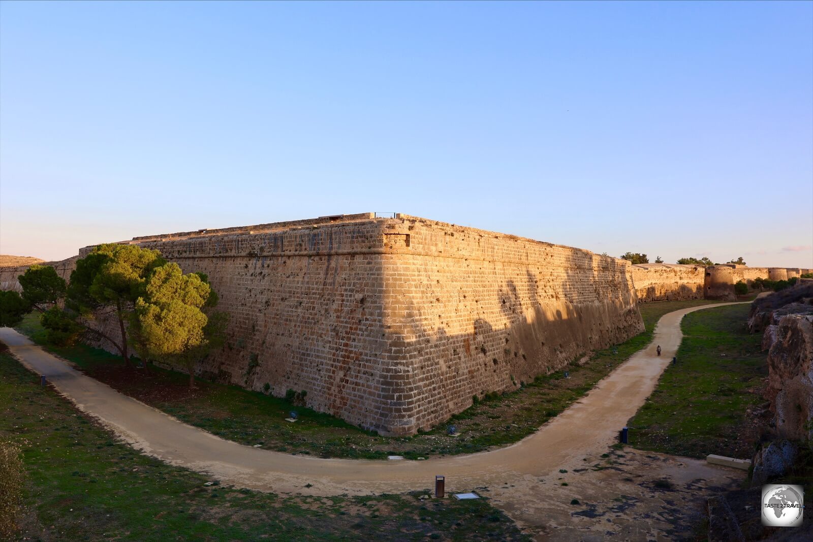 A view of the western side of the immense city walls which surround Famagusta. A pathway now lies in the former moat.