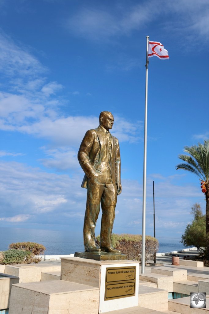A very golden statue of Kemal Atatürk, the father of modern Turkey, sparkles on the waterfront in Kyrenia.