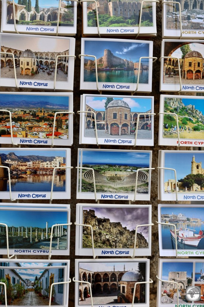 North Cyprus postcards for sale at a giftshop inside Büyük Han.