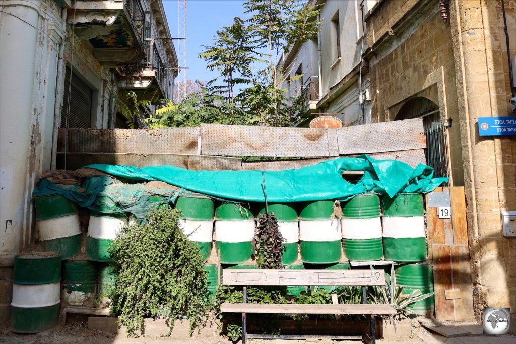 A makeshift barrier on the Greek side of the UN Green Line blocks a street in the old town of Nicosia.