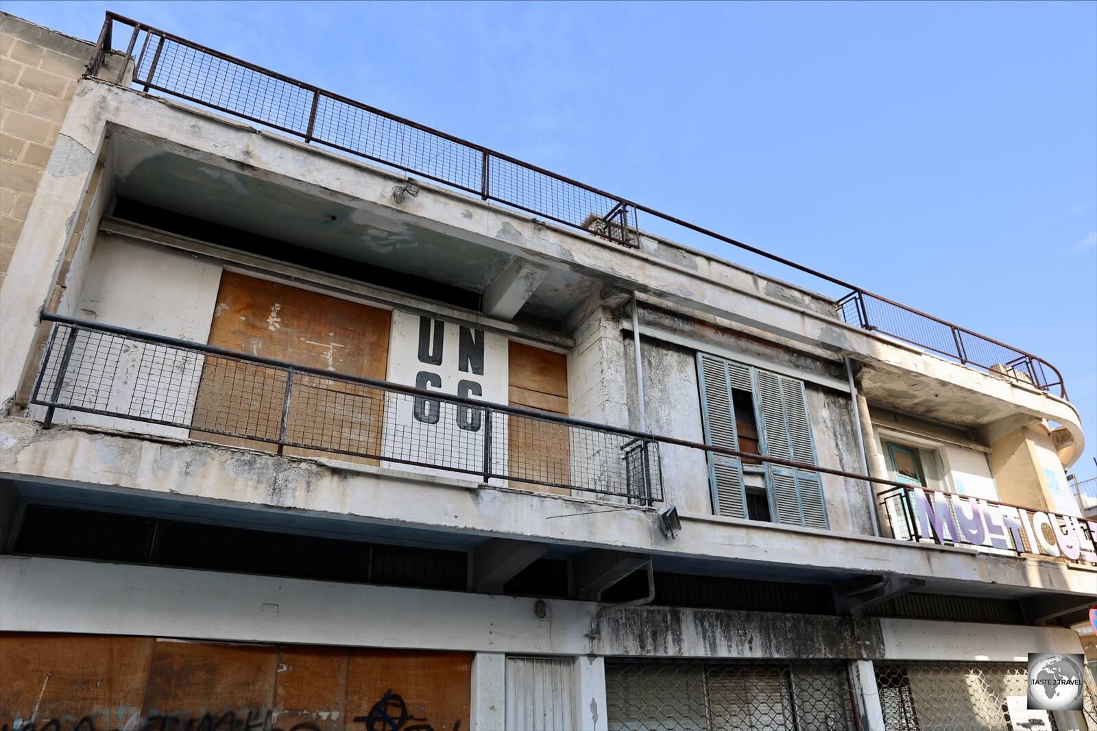 A former residential building on the UN Buffer zone in Nicosia is boarded up to prevent unauthorised entry into the zone.