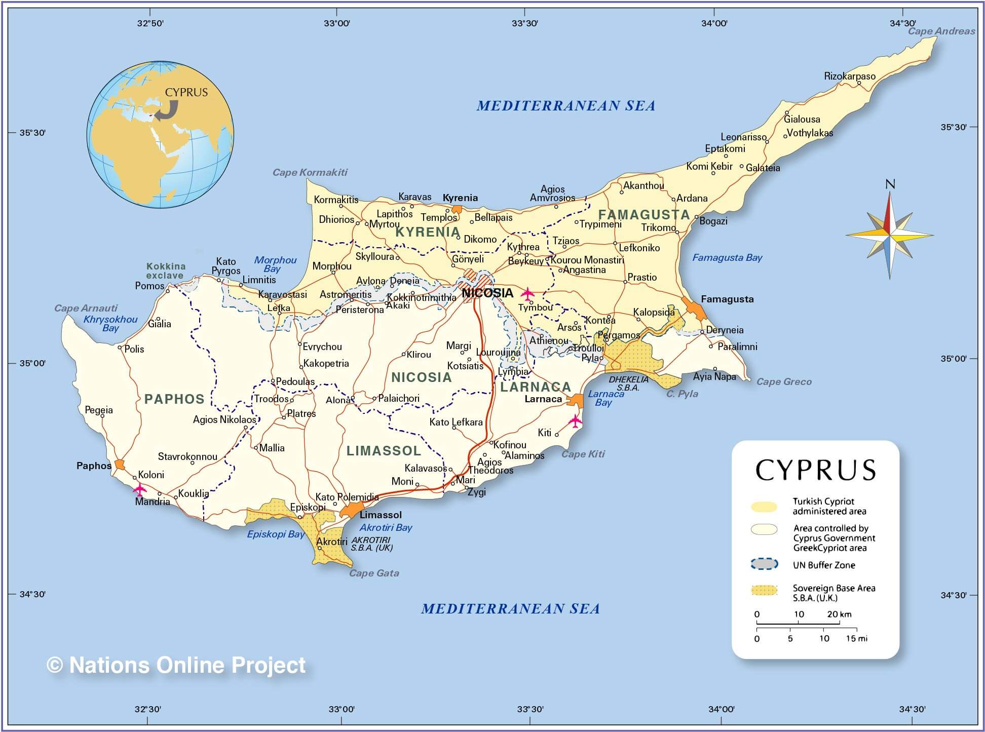 A map of Cyprus which shows Northern Cyprus in yellow.