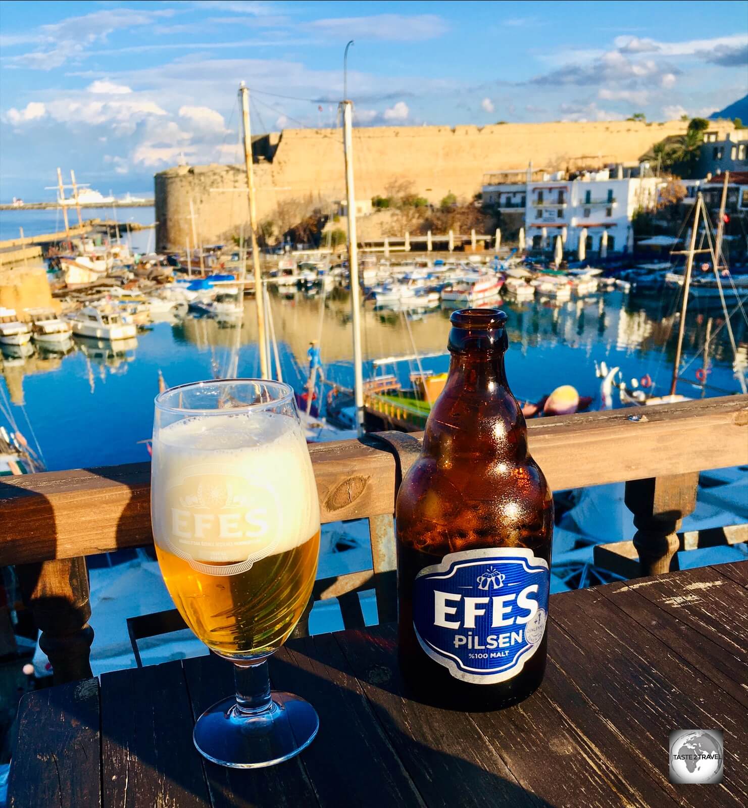 A great place for sunset drinks, the rooftop bar at the White Pearl Hotel in Kyrenia offers a panoramic view of the old port and castle.