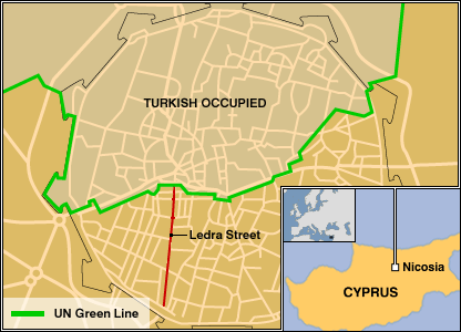 A map showing a divided Nicosia. <br><i>Source: BBC.