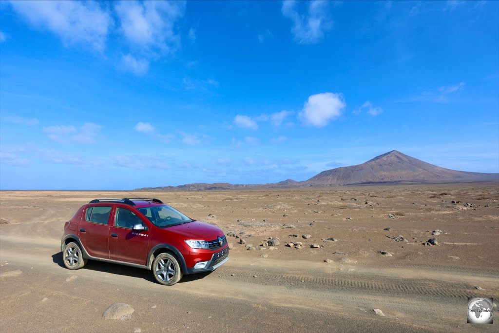 Exploring the volcano ash plain on the island of Sal in my rental car.