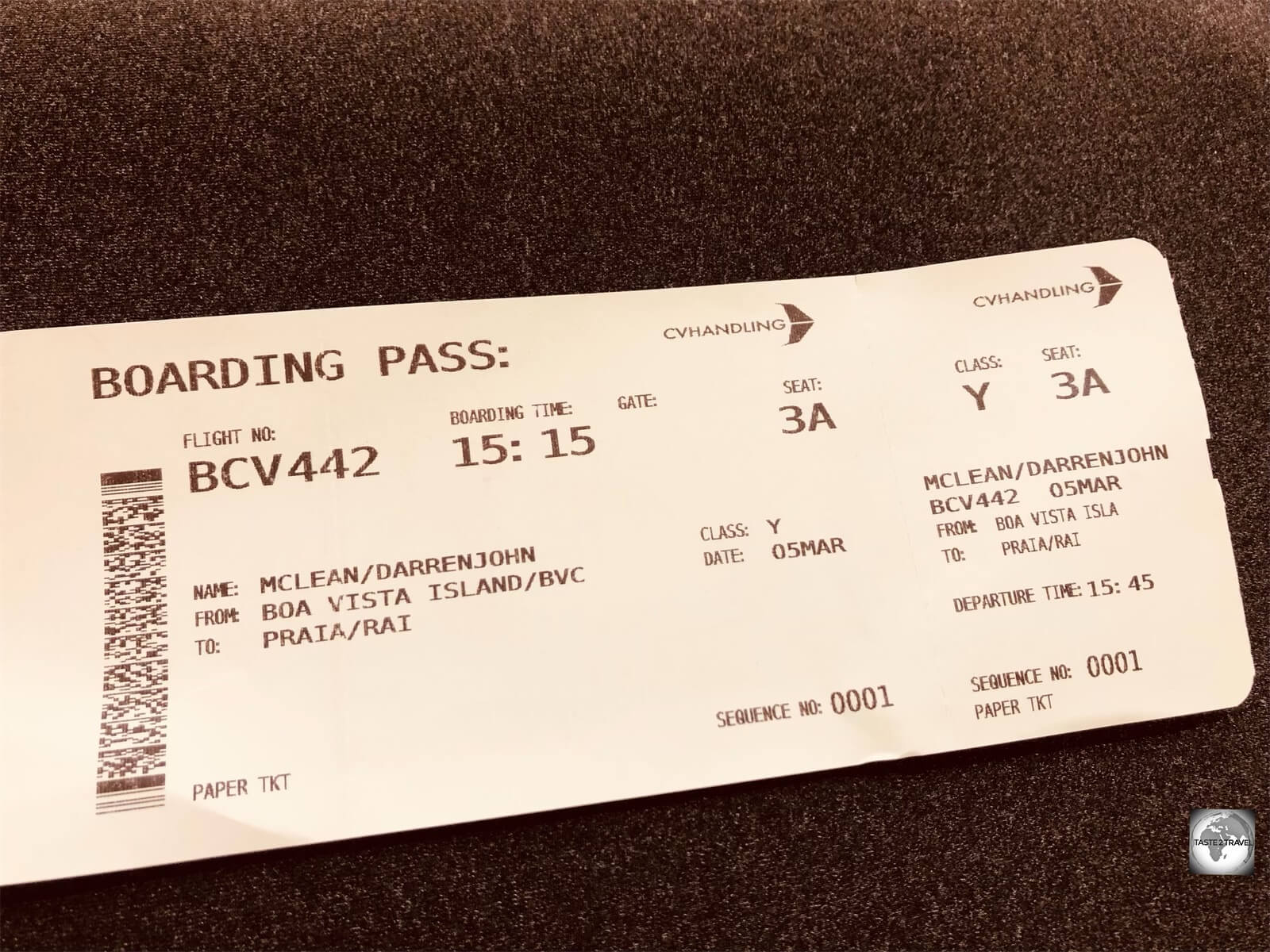 My boarding pass from Boa Vista to Praia with TICV.