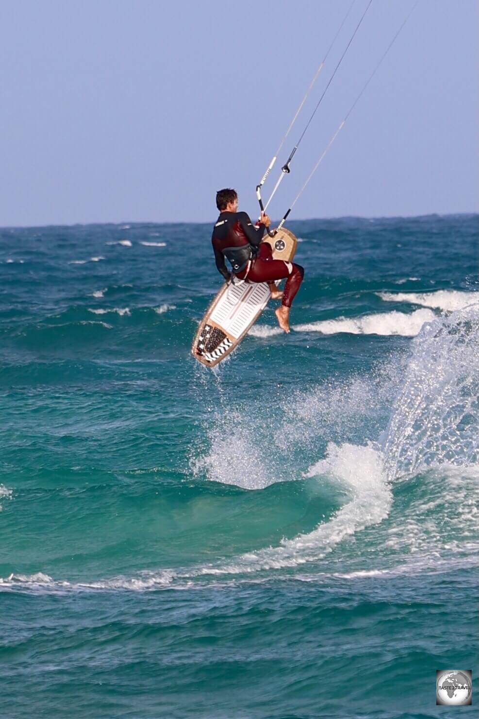 Kite surfing in perfect conditions at Kite beach, Sal.