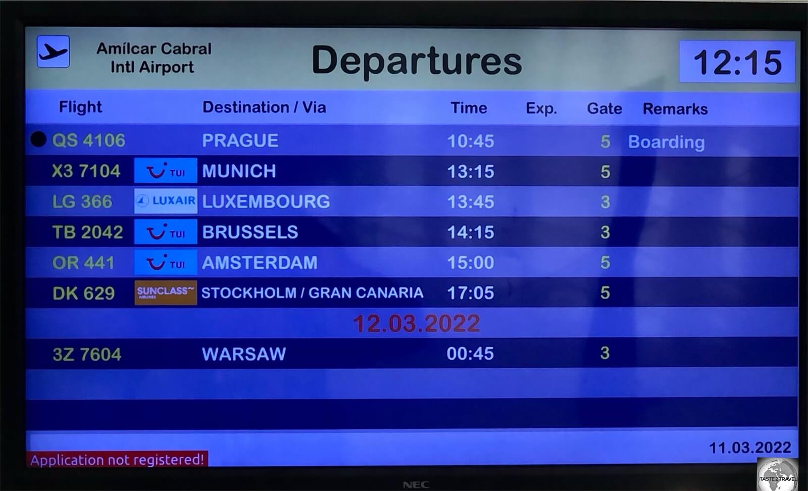 Departure board at Amílcar Cabral International Airport (Sal International Airport).