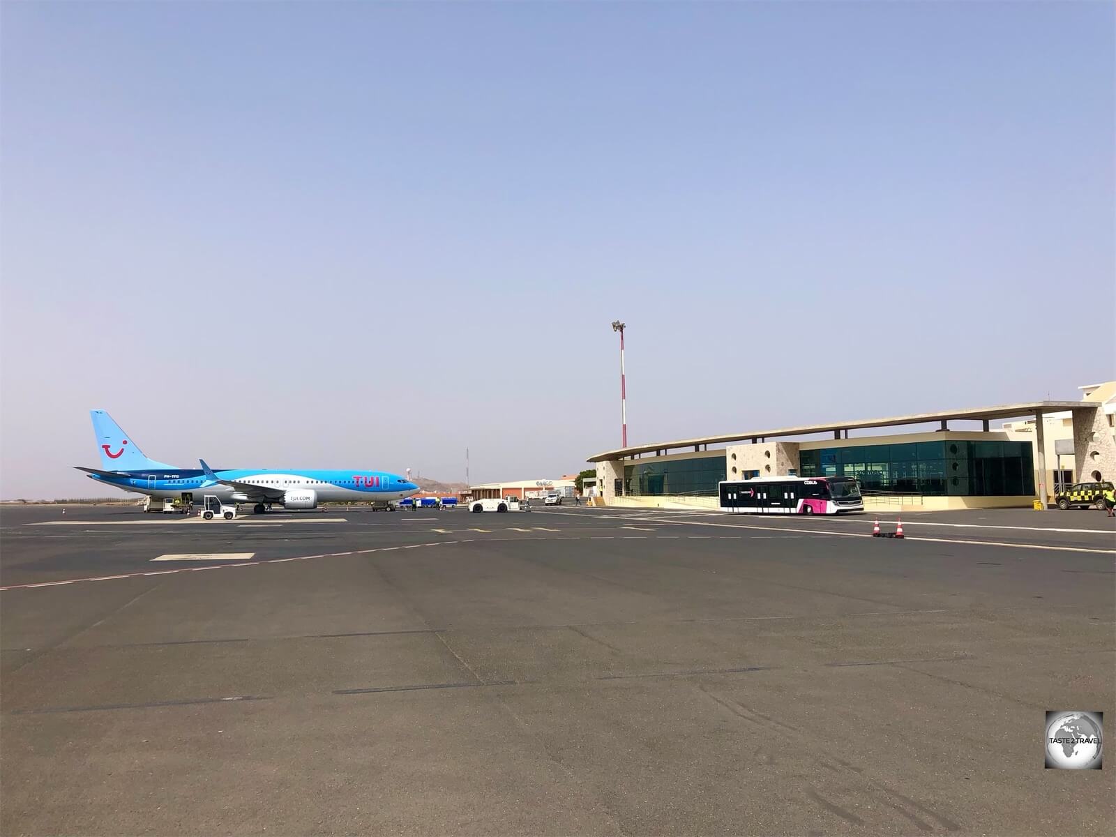 A Tui plane on the tarmac at Amílcar Cabral International Airport, also known as Sal International Airport, the main international gateway to Cape Verde.