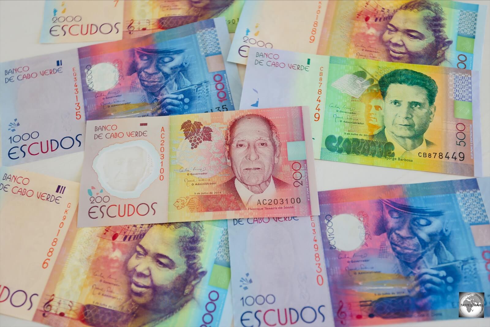 Cape Verde banknotes feature cultural icons, including Cesária Évora who appears on the CVE2,000 note.