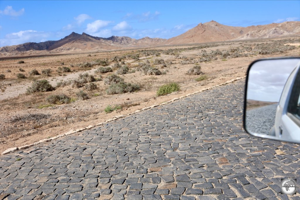The interior roads on Boa Vista are made from cobble stones, which stretch to the horizon and beyond.