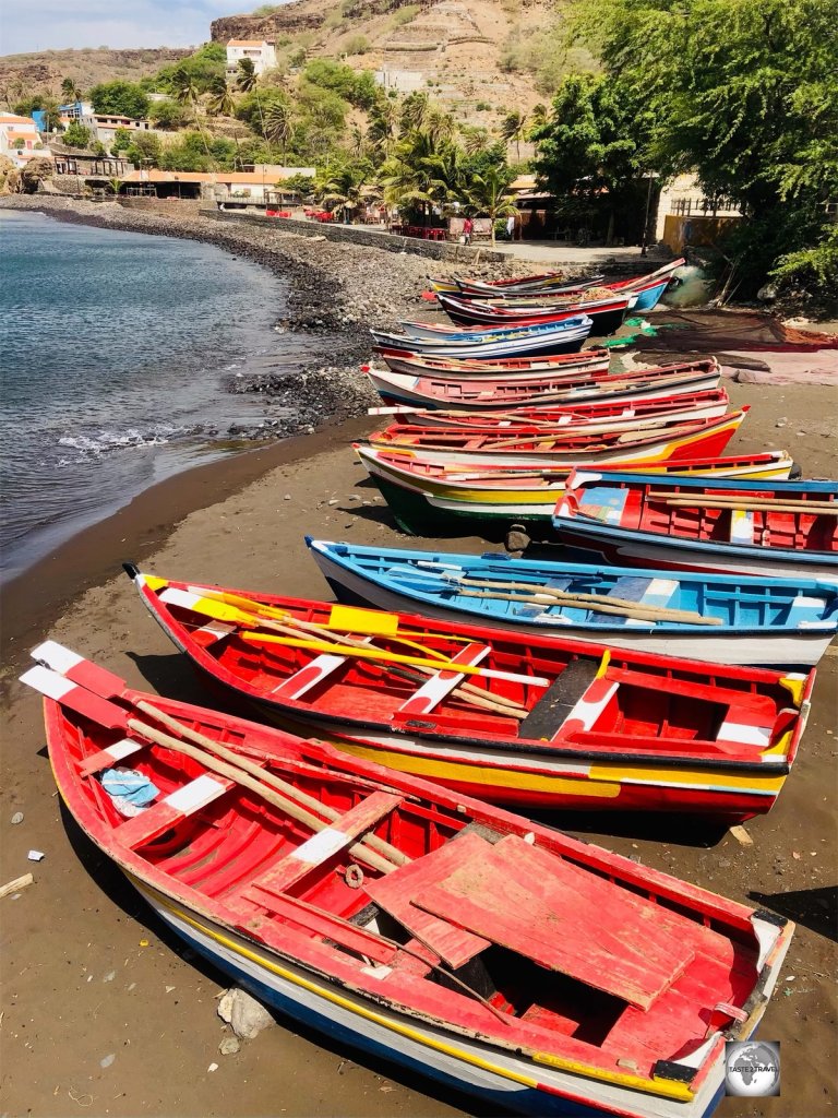 Fishing boats line the harbour of Cidade Velha, Santiago Island.