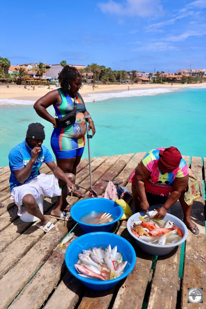 Fish vendors on Santa Maria pier, Sal Island.