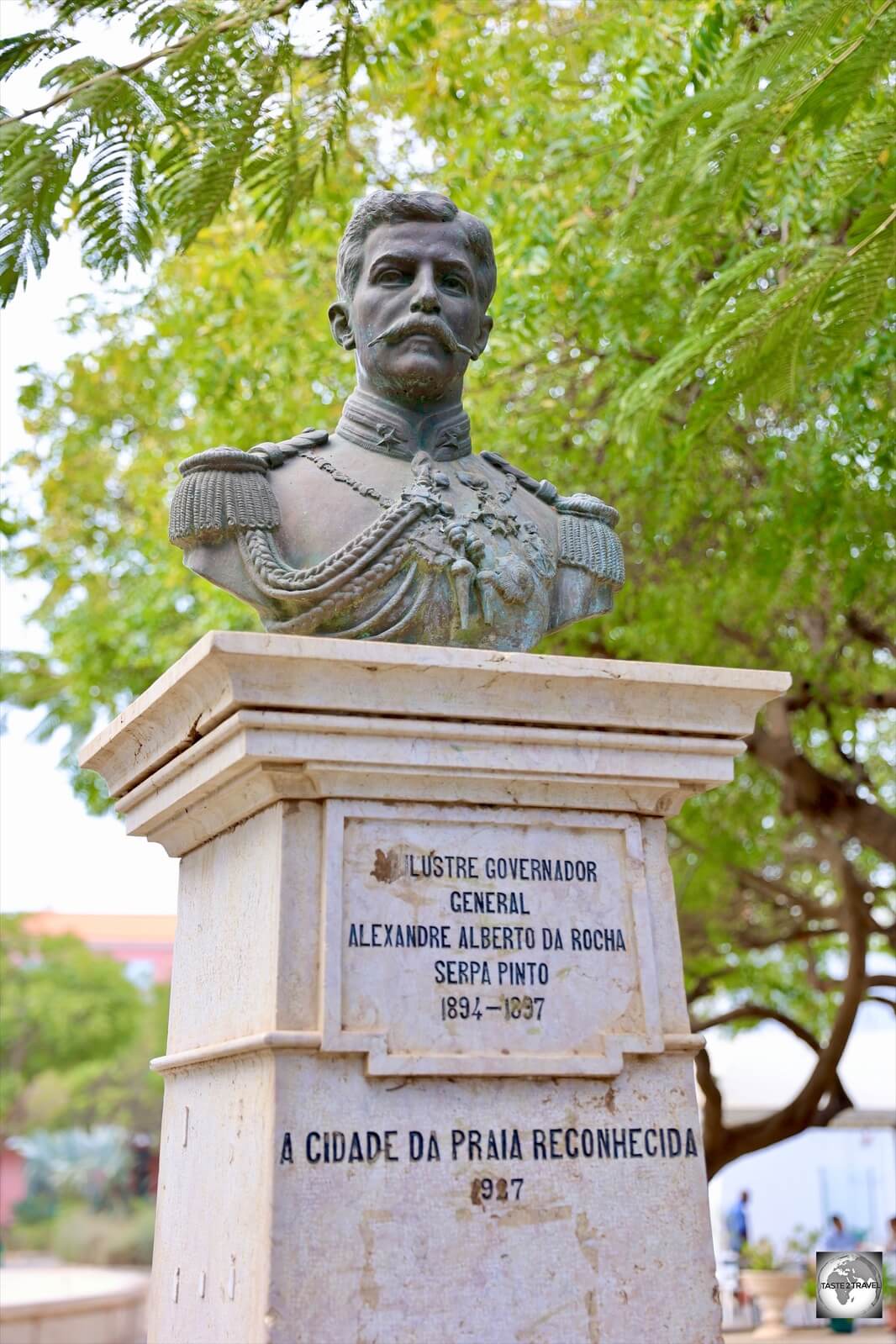 A sculpture of former Portuguese Governor General Alexandre Alberto da Rocha de Serpa Pinto, Albuquerque Square, Praia, Santiago.