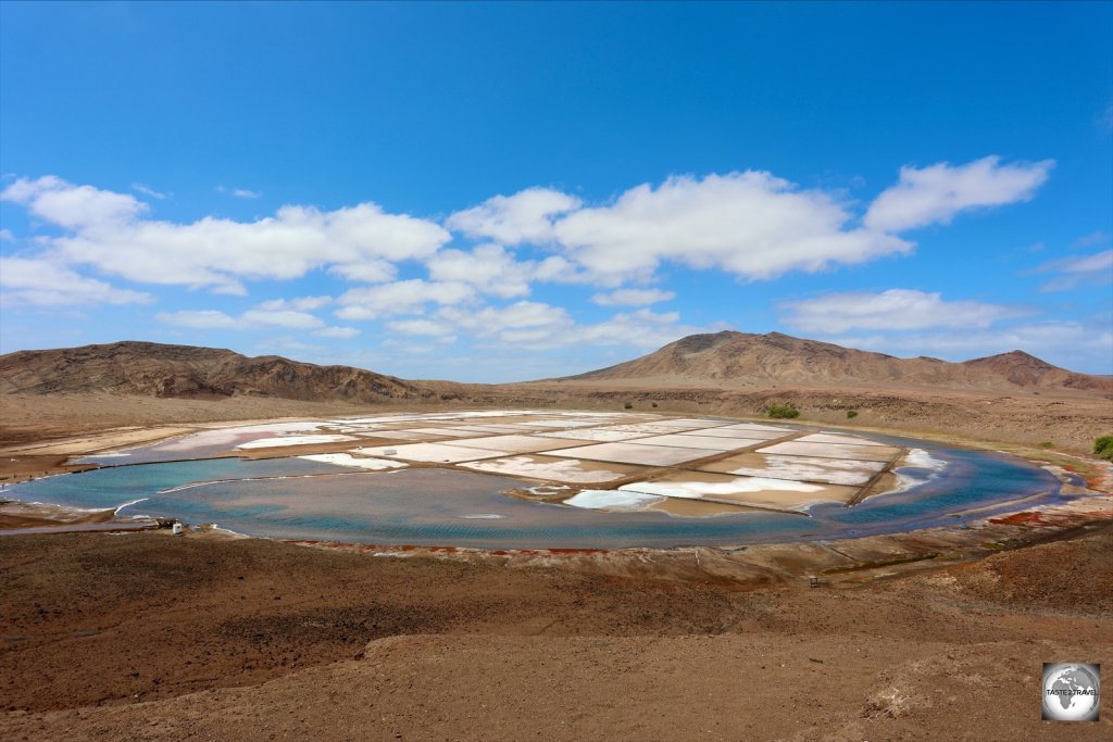 A panoramic view of the 'Salinas de Pedra de Lume', a salt mine located inside a volcanic crater.