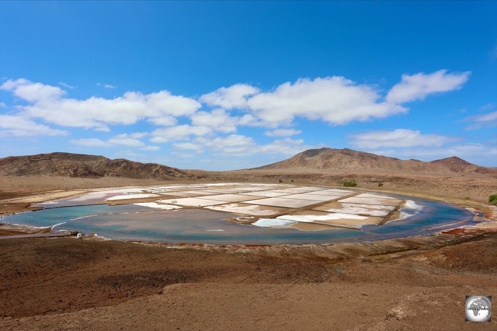 A panoramic view of the 'Salinas de Pedra de Lume', a salt mine located inside a volcanic crater.