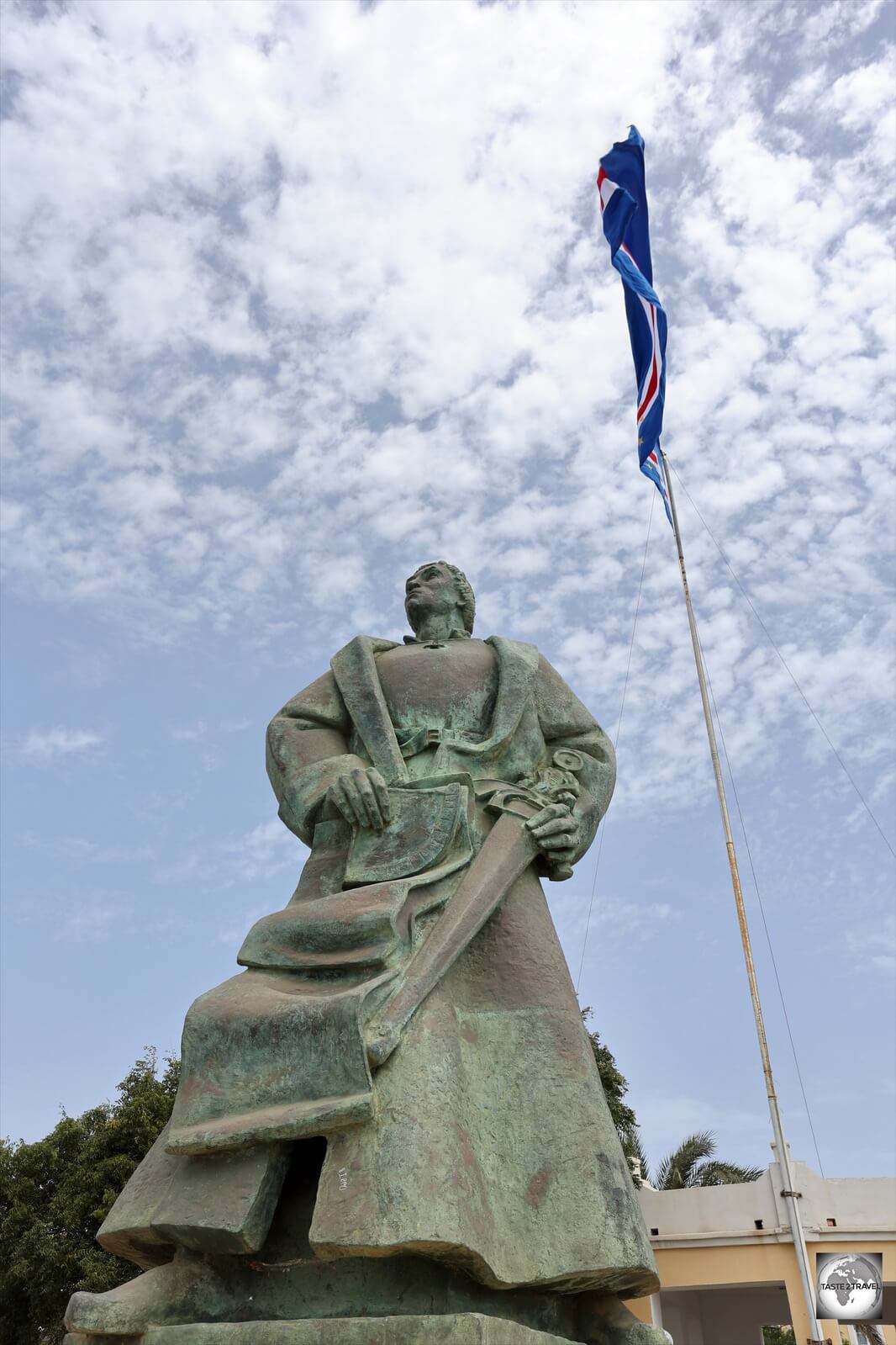 A statue of Diogo Gomes, the Portuguese navigator who is credited with discovering the island of Santiago.