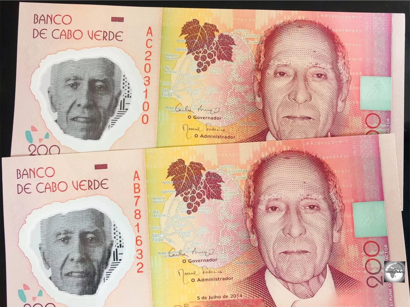 The polymer version of the CVE200 banknote features Henrique Teixeira de Sousa, a prominent doctor and literary figure.