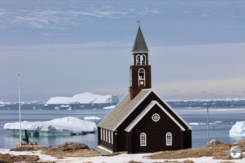 The picturesque Zion's church, overlooks Disko Bay in Ilulissat.