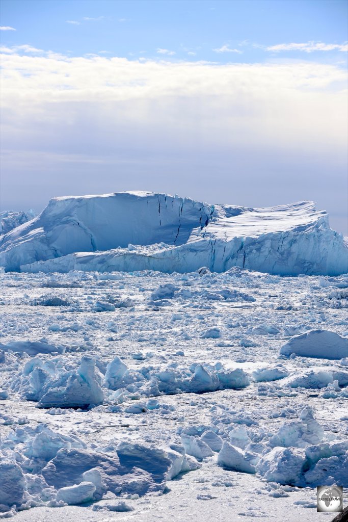 A view of icebergs in the Ilulissat Icefjord.
