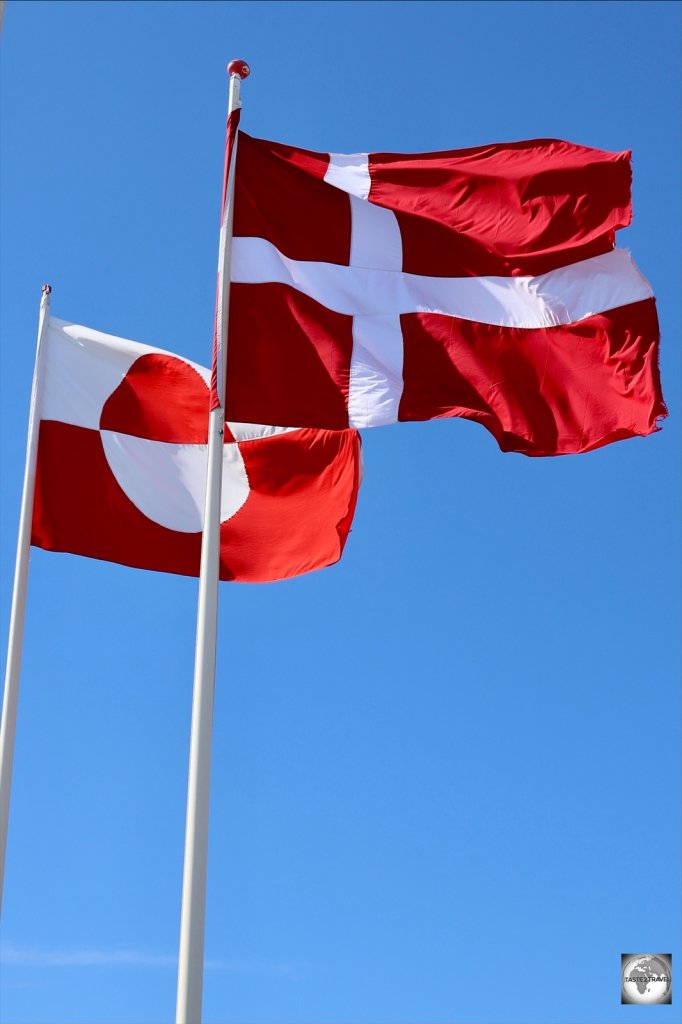 The flags of Greenland and Denmark flying in Nuuk.