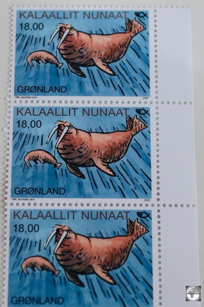 The stamps of Greenland feature Arctic wildlife such as walruses.