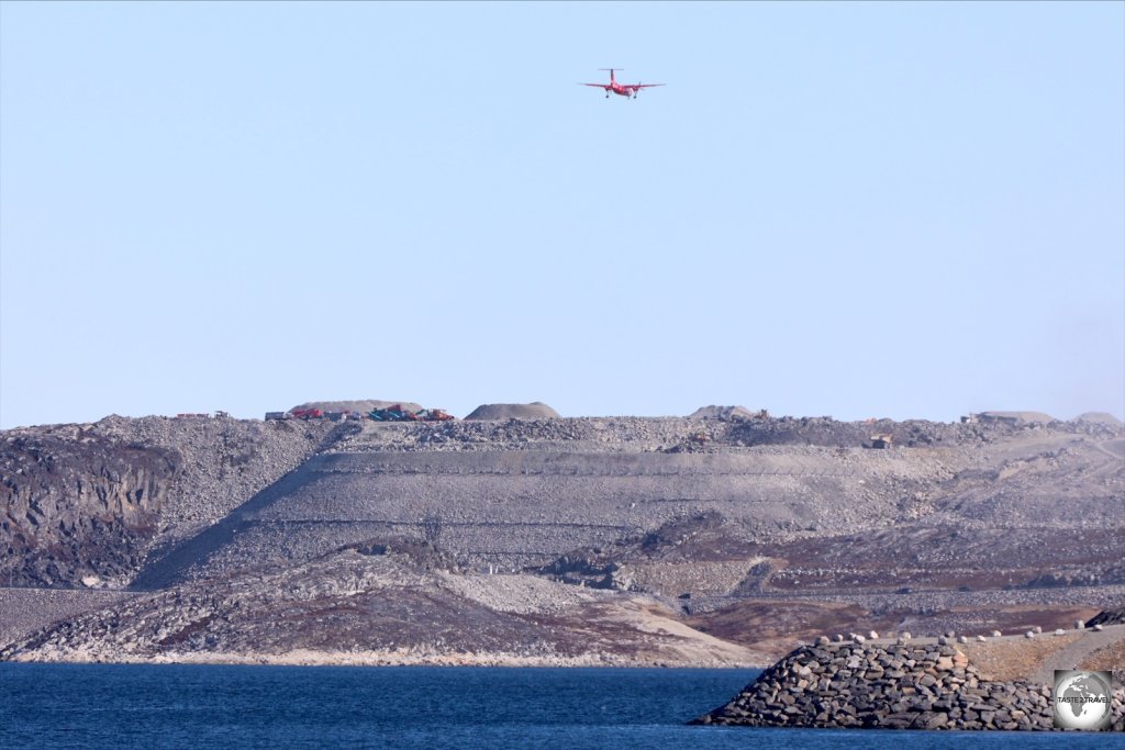 A view of the huge earthworks program which supports the extended runway at Nuuk airport.