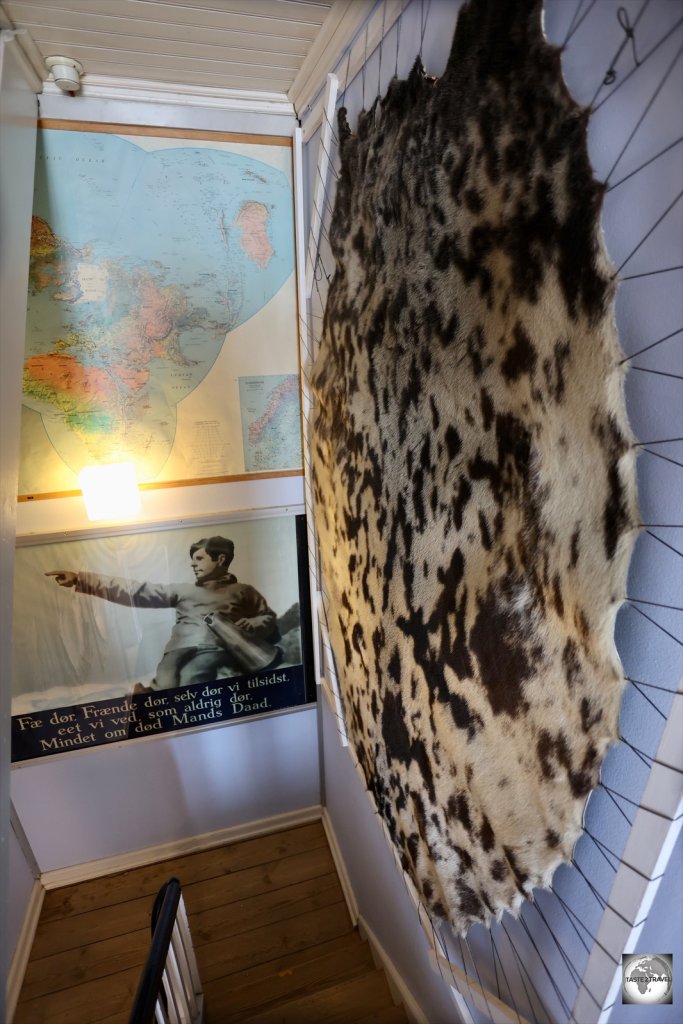 The hallway of the Knud Rasmussen is lined with seal skins.