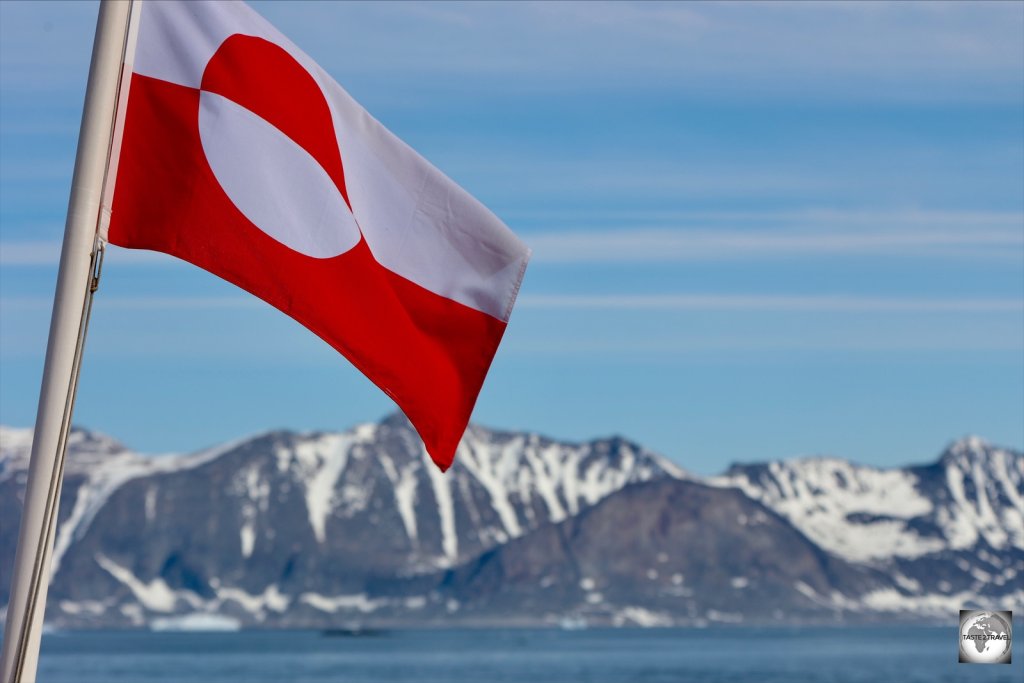 The flag of Greenland, as seen on the deck of the Sarfaq Ittuk.