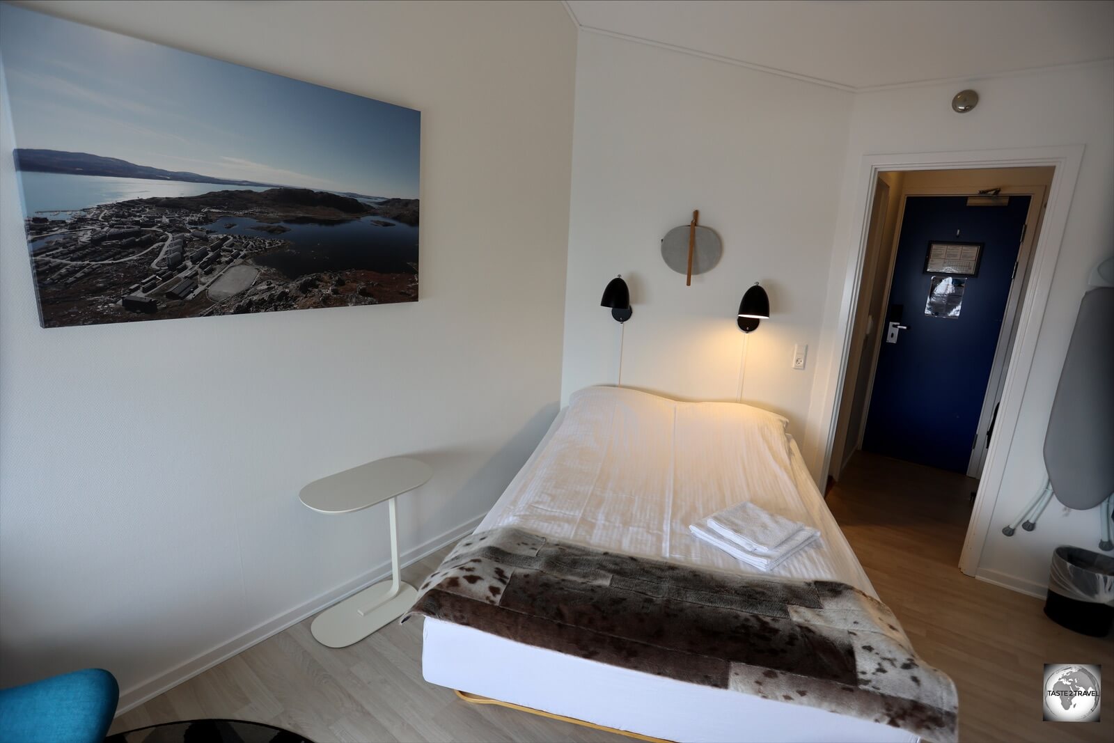 My room at the Hotel Qaqortoq, which included a seal-skin throw on the bed.