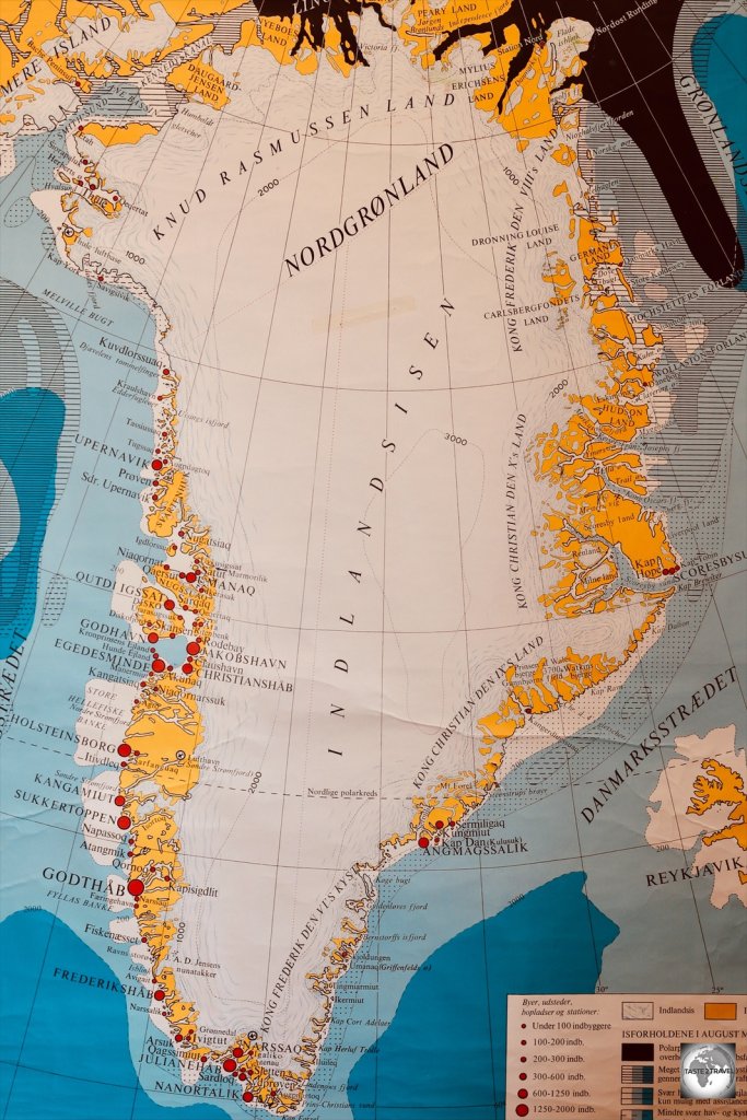 A map of Greenland which shows the white ice cap which covers 80% of the island.