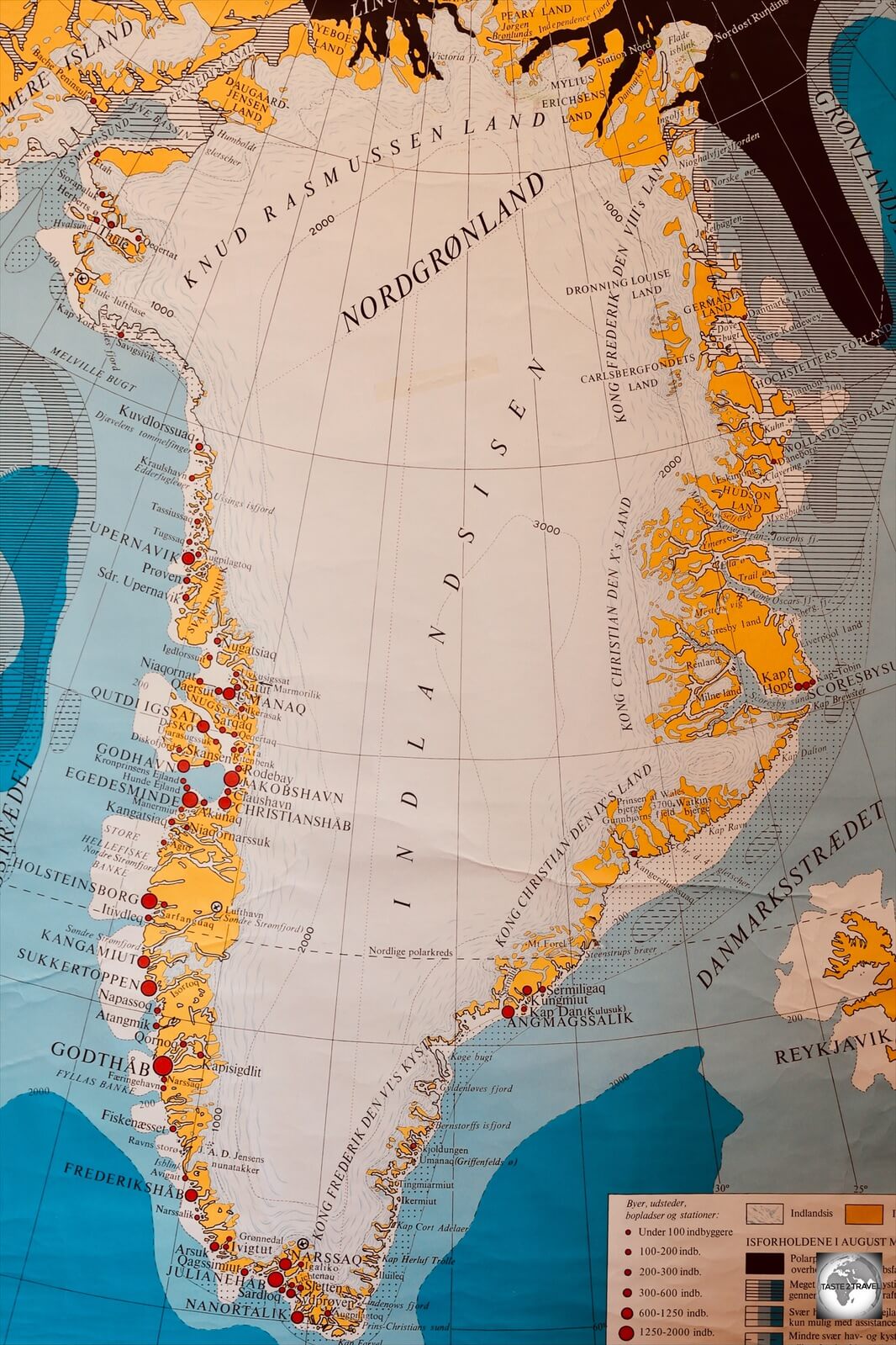 A map of Greenland, showing the white ice sheet, which covers 80% of the island.