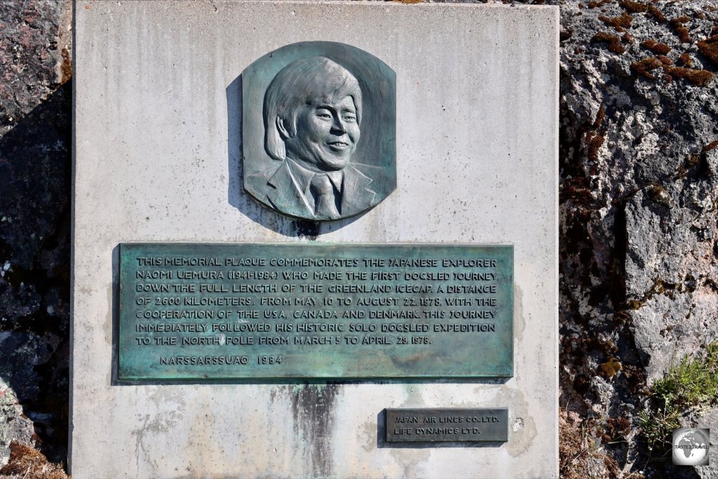 A commemorative plaque in Narsarsuaq honours the Japanese adventurer Naomi Uemura, who travelled the length of the Greenland Ice Sheet solo.