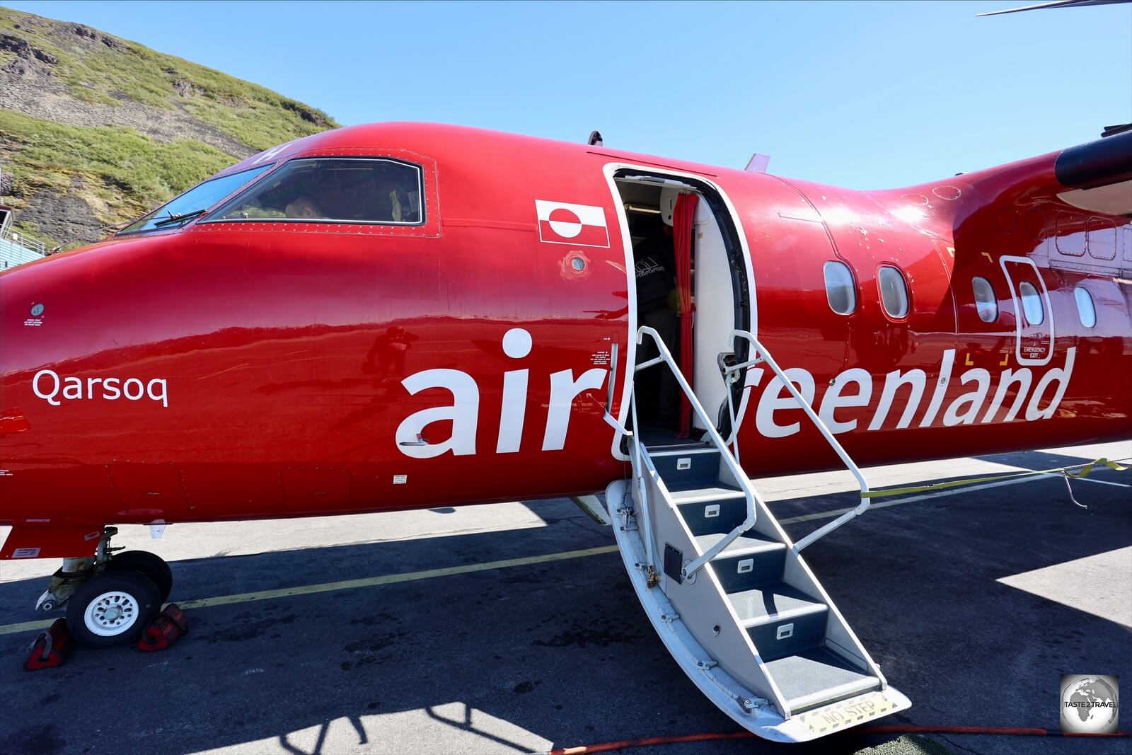 An Air Greenland Dash 8-200 plane at Narsarsuaq Airport.