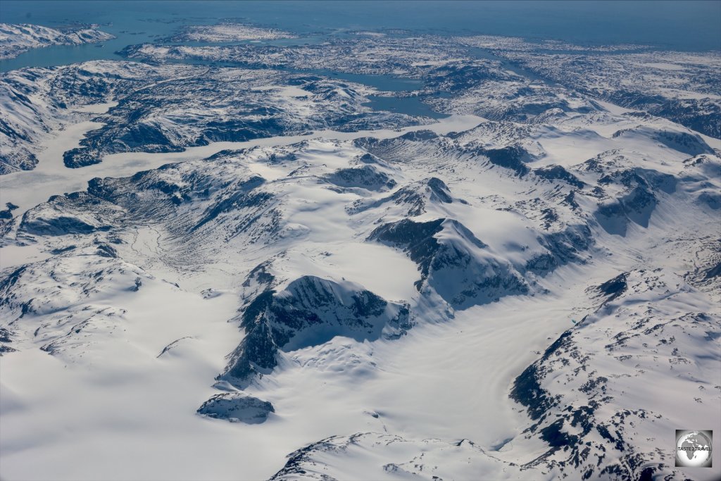 A view of the Greenland Ice Sheet and glacier from my Air Greenland flight, between Narsarsuaq and Nuuk.