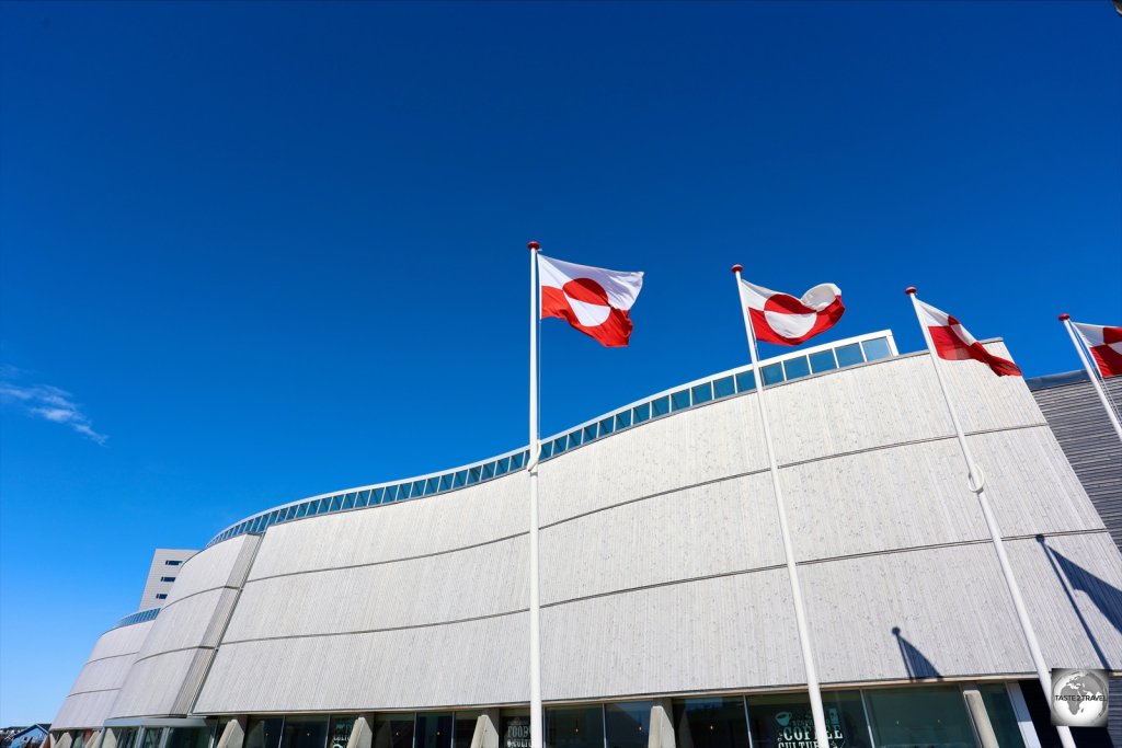 The flag of Greenland, flying outside the Katuaq Cultural Centre in Nuuk.