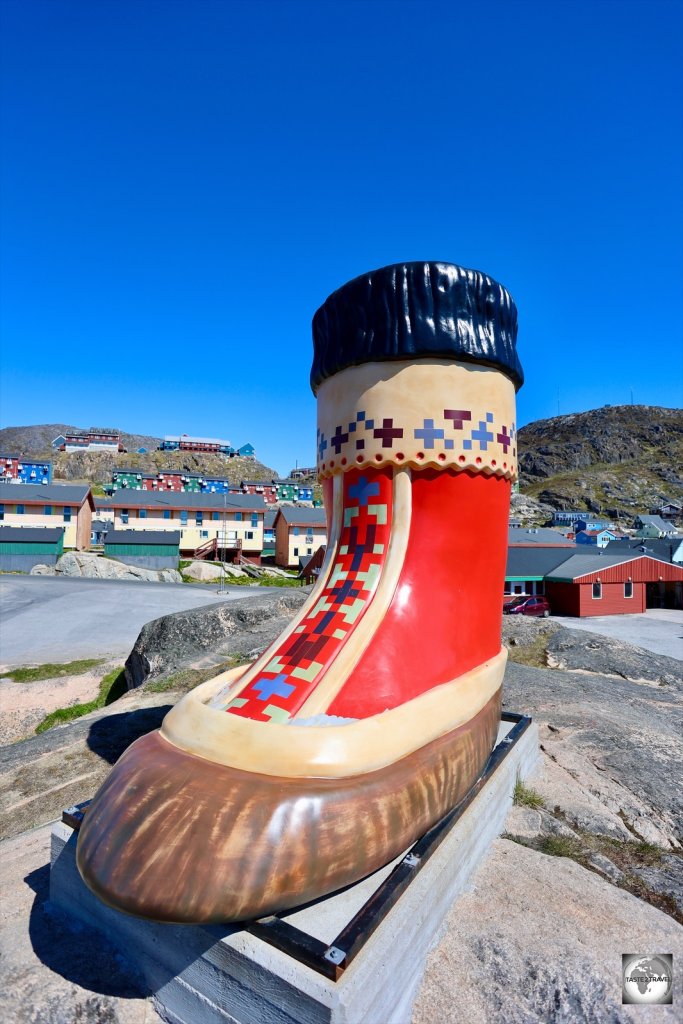 A giant Inuit boot graces the entrance to the Hotel Qaqortoq.