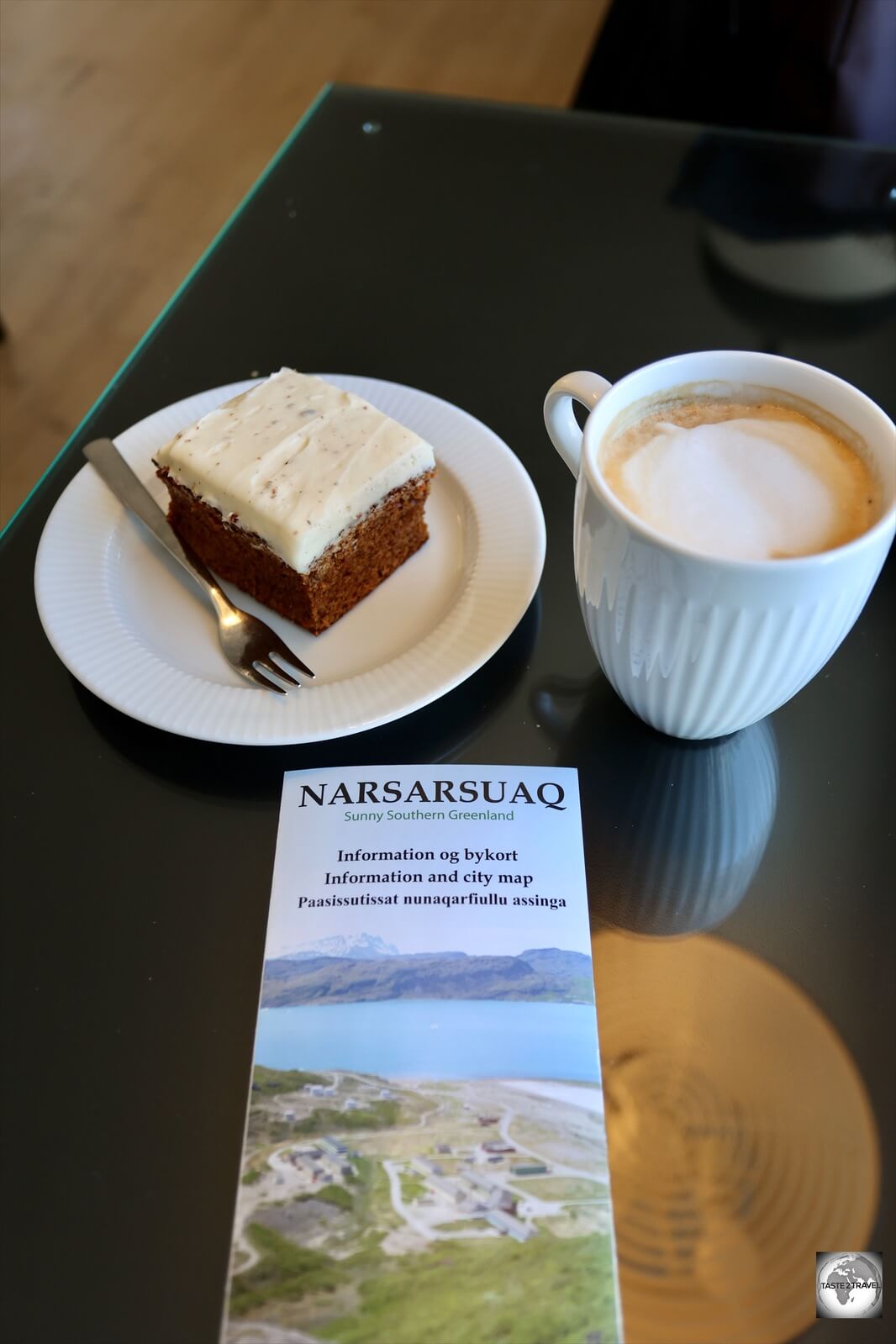 A cafè latte and a slice of homemade carrot cake at the Cafe Polar-tut in Narsarsuaq.