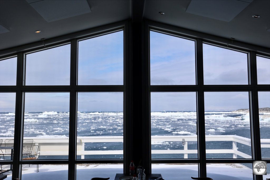 The view over Disko Bay from the restaurant at the Icefiord Hotel in Ilulissat.