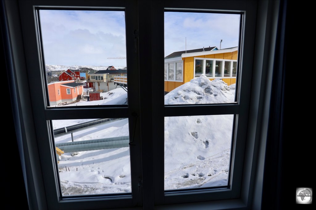 The chilly view from the window of my apartment at the Icefiord Apartments in Ilulissat.