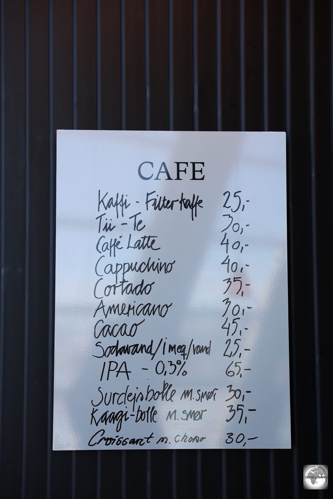 A drinks menu at a cafe in Ilulissat.