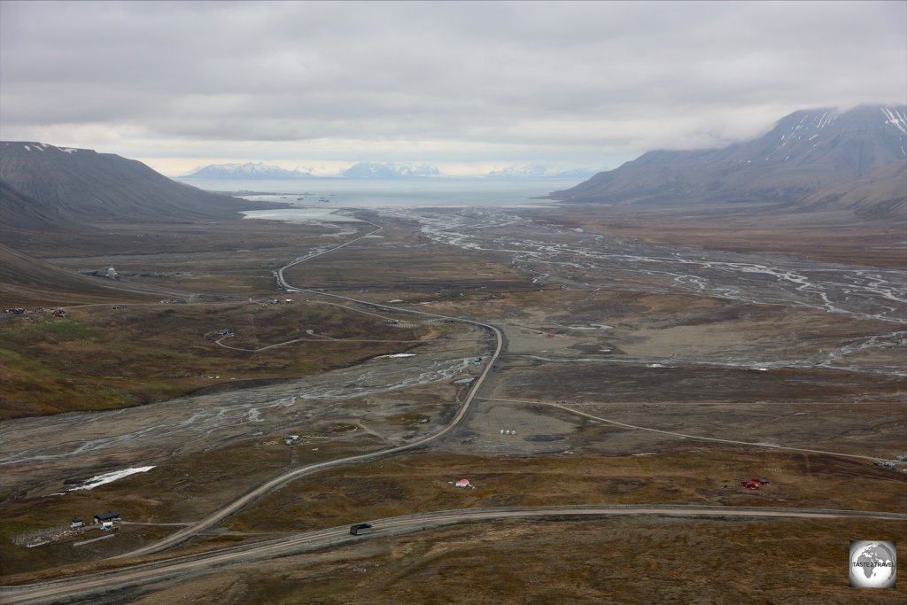 A view towards Longyearbyen, as seen from the bus tour, from the top of the mountain near coal mine #7.