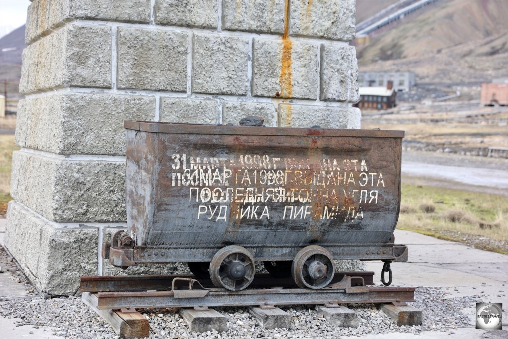 The last ton of coal extracted at Pyramiden is on display at the town entrance.