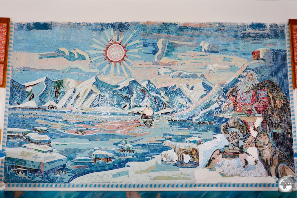 The beautiful 'Polar' mosaic which is the centrepiece of the staff cafeteria at Pyramiden.