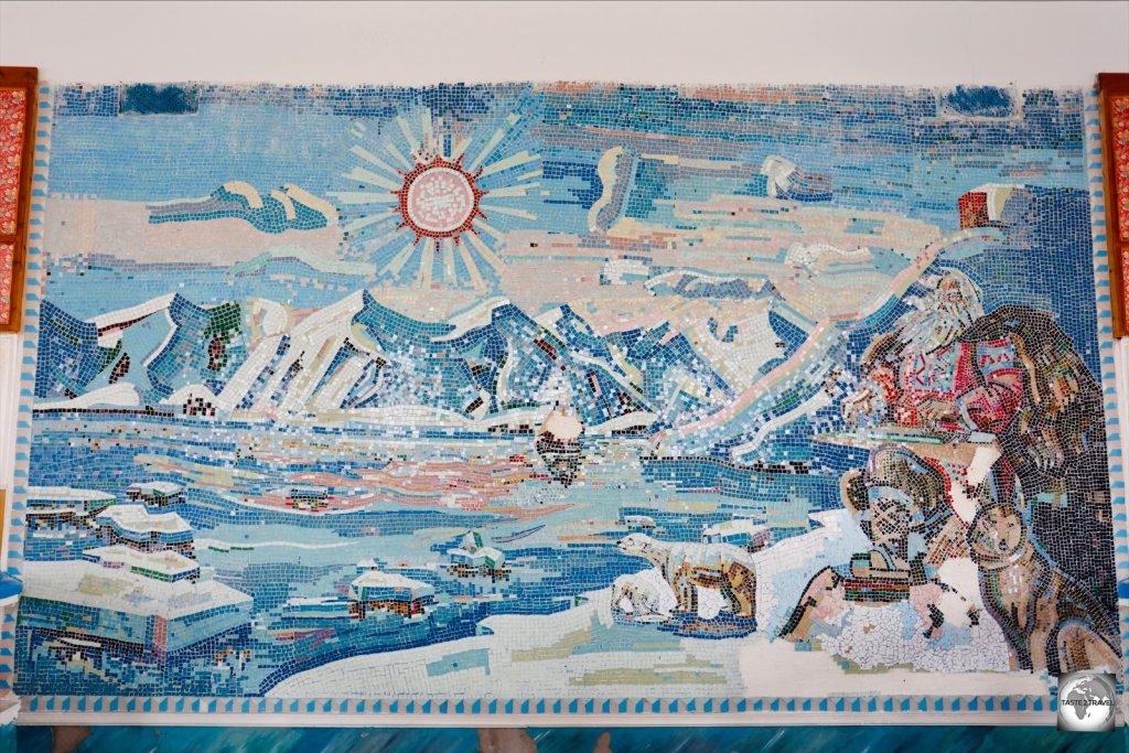 The beautiful 'Polar' mosaic which is the centrepiece of the staff cafeteria at Pyramiden.