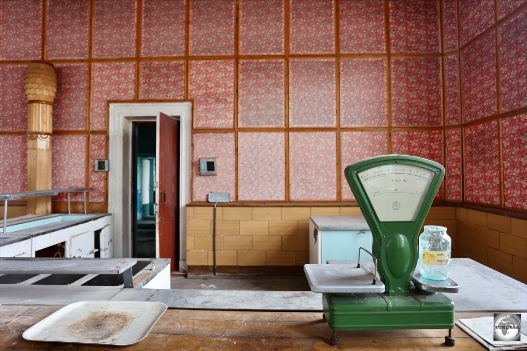 The abandoned staff cafeteria in the former Russian coal mining town of Pyramiden, a remote ghost town which is now a popular tourist attraction.