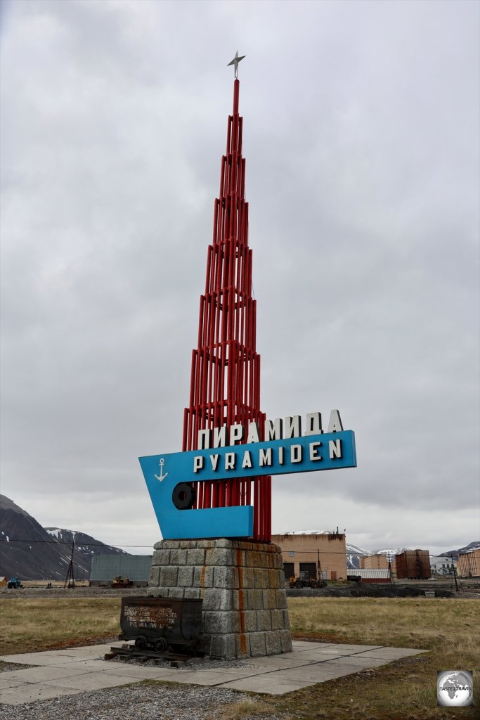 The first stop on a walking tour of Pyramiden is the memorial stele near the edge of town.